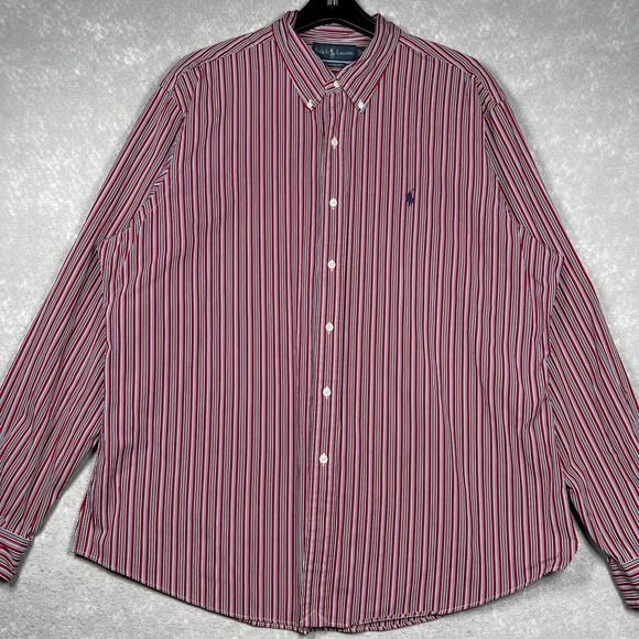 POLO RALPH LAUREN Long Sleeve Shirt Men’s XXL Red Striped Custom Fit Button Down - Picture 2 of 8